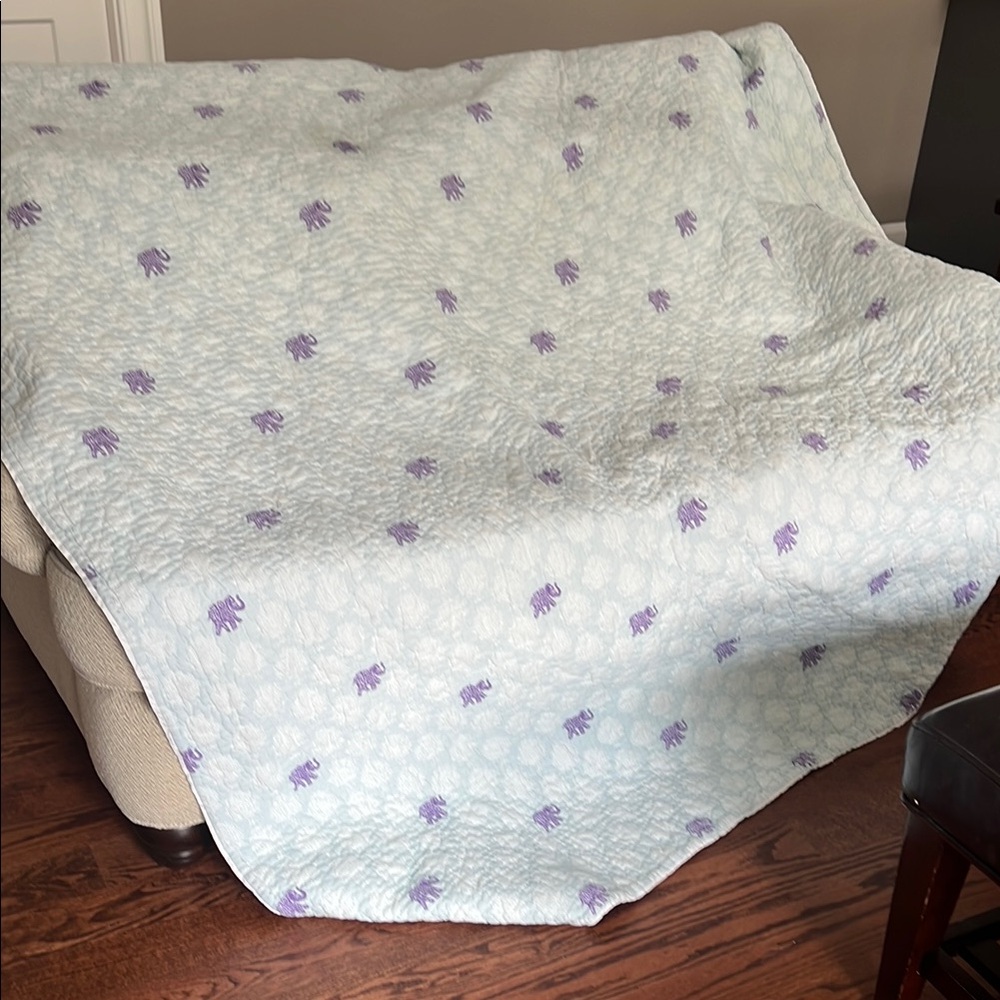 Pottery Barn Kids Stella Elephant Reversible Quilt - purple/lt blue/white